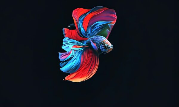 A vibrant betta fish surrounded by flowing, colorful fins against a dark background.