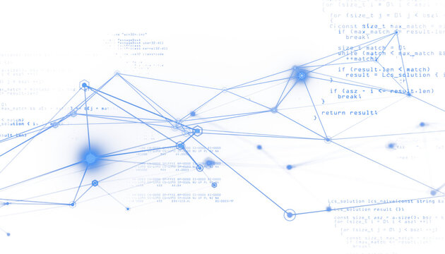 Abstract blue digital connections forming a network with coding elements visible, on a clean white background. Concept of data technology. 3D Rendering.