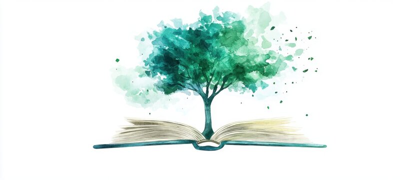 Abstract green watercolor flat design of a tree sprouting from an open book highlighting education and social responsibility in sustainability
