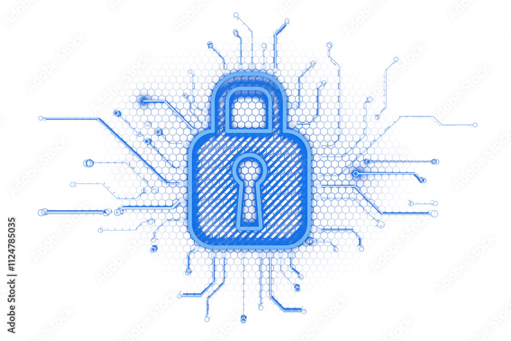 Poster blue lock symbol with circuit lines on white hexagonal background, 3d rendering, concept of cybersec