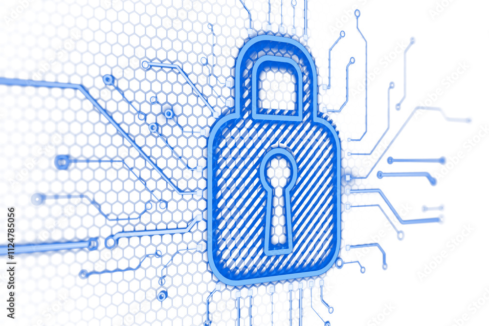 Aufkleber Blue lock icon with circuit lines on a hexagonal white background, wireframe style, symbolizing data security, protection, and cybersecurity. 3D Rendering.