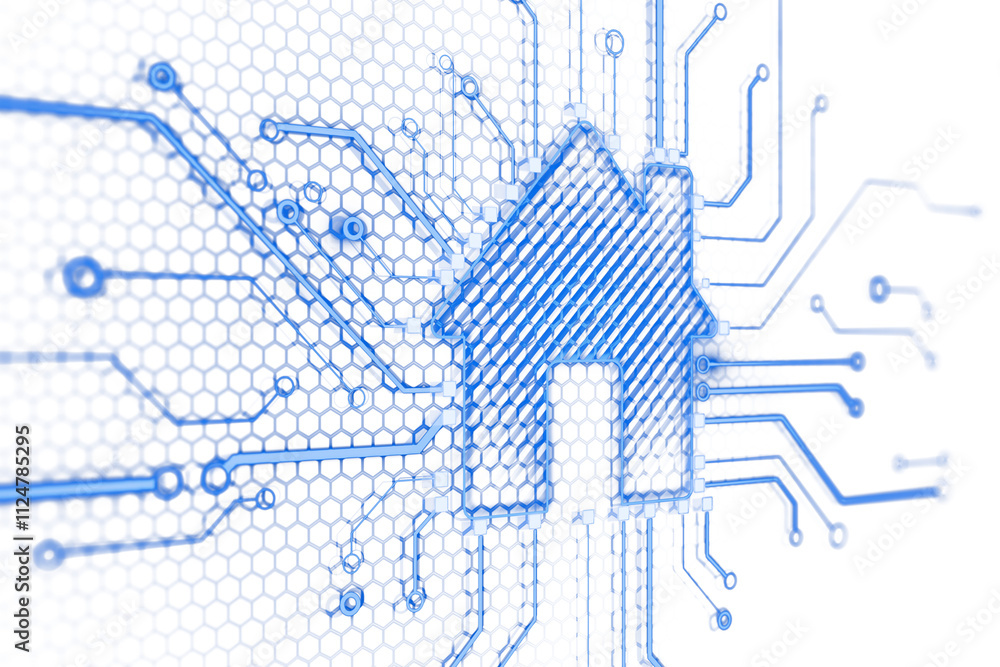 Leinwandbilder digital house symbol with blue circuit lines, hexagonal background, isolated on white. concept of vi