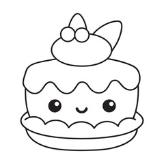 Cute Kawaii Cake Illustration for Kids' Activities and Creative Designs, Black and White Cake Drawing for Children’s Educational and Activity Books
