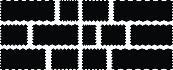 Zigzag edges set. Rectangle shape frame with zigzag edge for labels, banners, tags, stamps. Scallop edge shape set. Stamp frames with zigzag edges for graphic design. Zig zag wavy stickers	