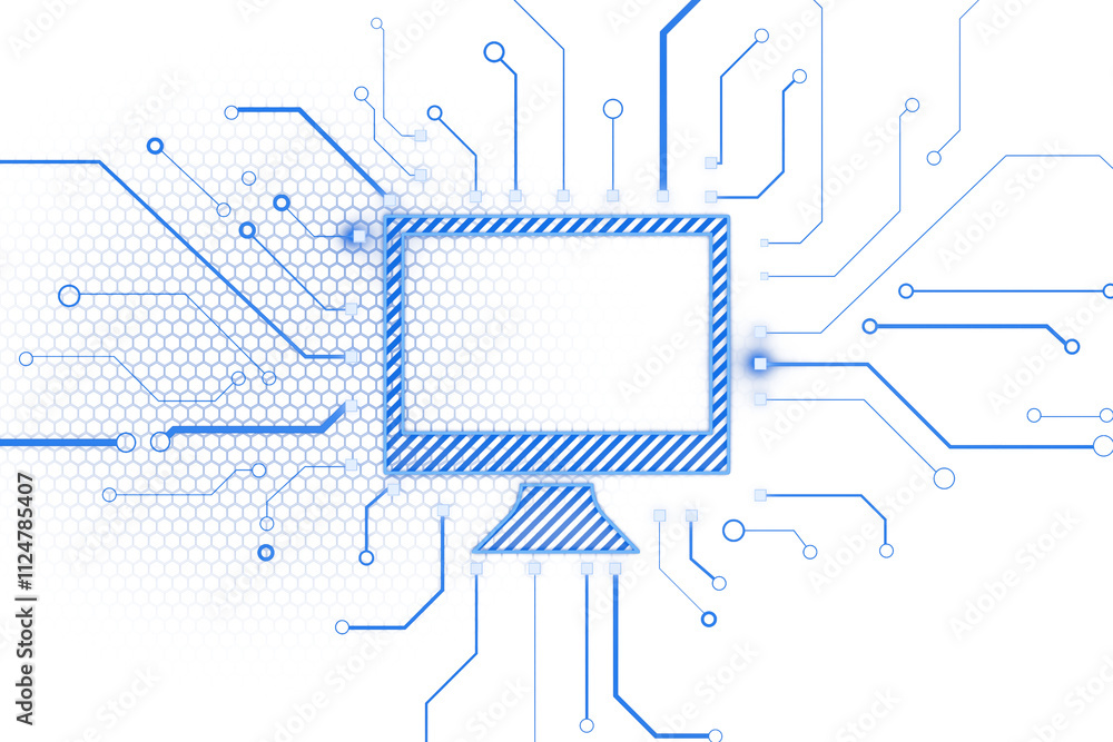 Aufkleber Abstract blue circuit lines forming a computer chip outline on a white background, featuring hexagonal patterns, representing tech concepts. 3D Rendering.