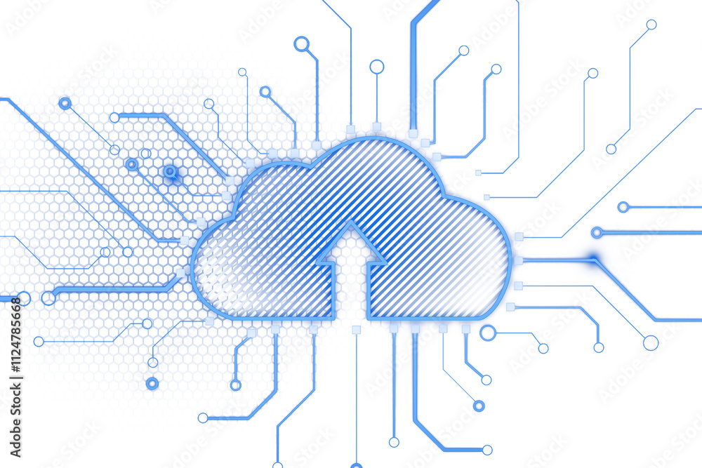 Poster Cloud computing icon with a blue outline and digital network connections. Abstract design on a white background representing technology and data. 3D Rendering.