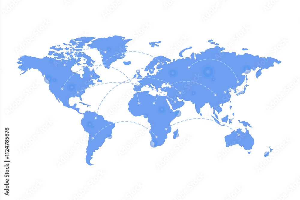 Poster World map in blue with dotted connection lines, isolated on white background. Digital style representation of global network and communication. 3D Rendering.