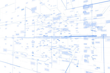 Abstract digital grid with blue lines and floating numbers, white background, clean style, representing big data and futuristic analysis. 3D Rendering.