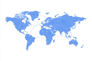 World map in blue with dotted connection lines, isolated on white background. Digital style representation of global network and communication. 3D Rendering.