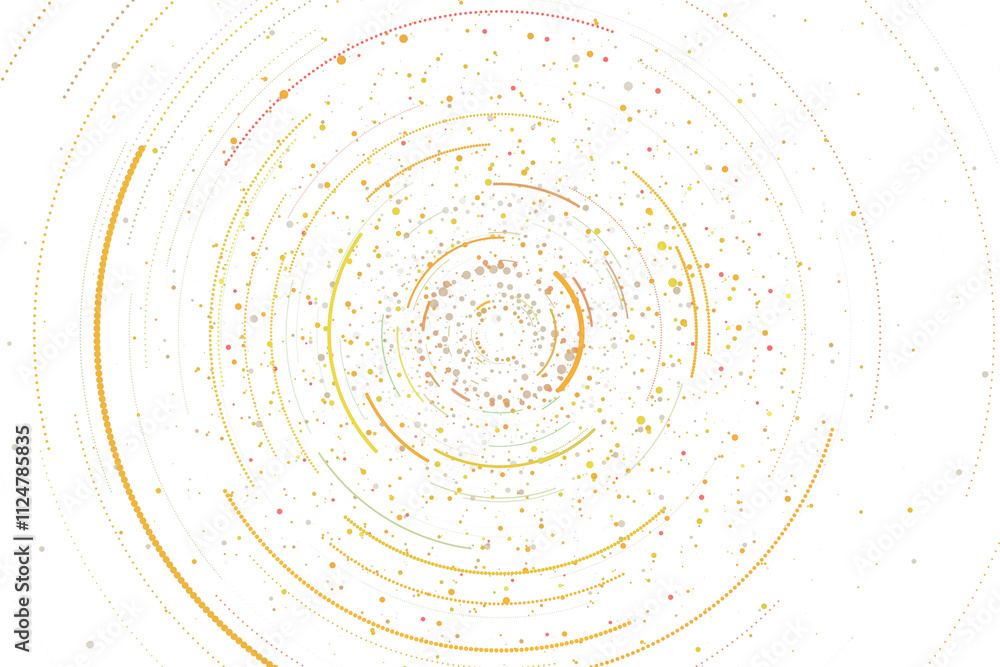 Poster Circular abstract dotted pattern with colorful particles, isolated on a white background, representing a clean and virtual tech concept. 3D Rendering.