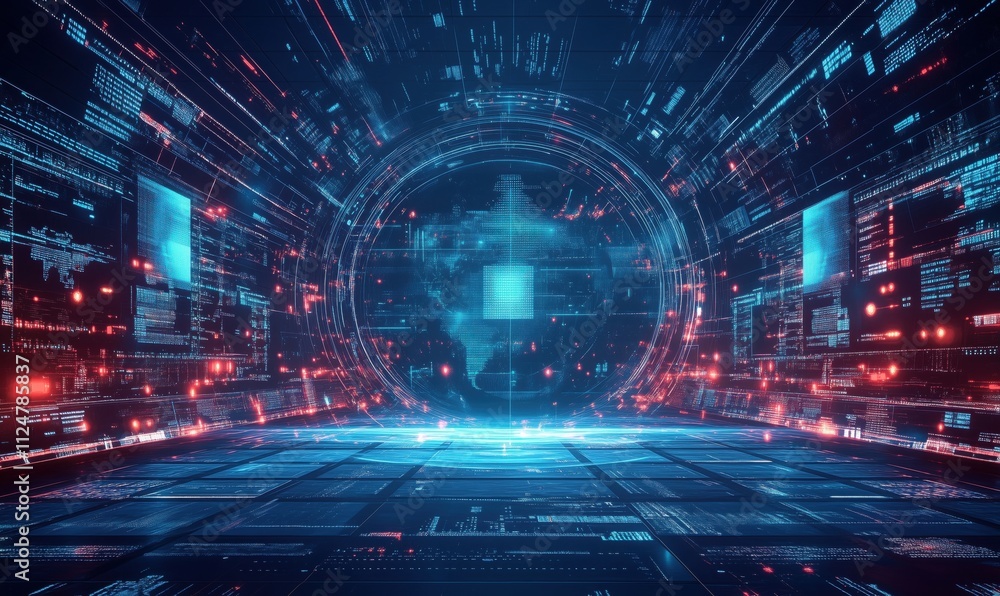 Poster futuristic digital landscape with glowing data streams and holographic elements. abstract representa