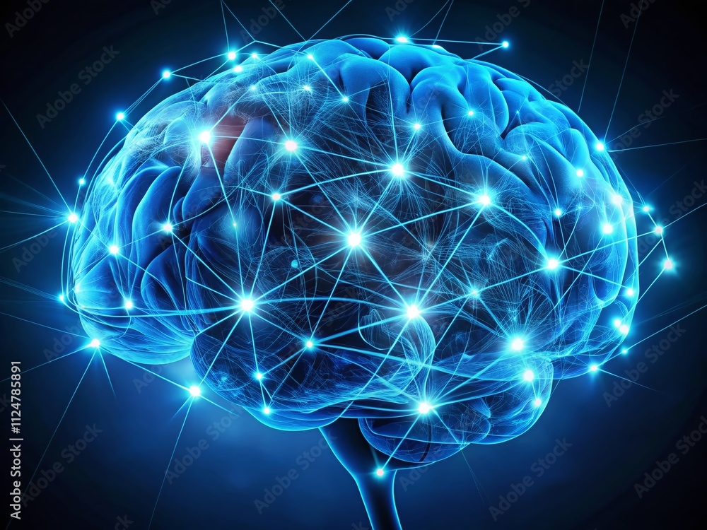 Poster blue glowing brain with neural pathways representing advanced cognitive processing in a futuristic s