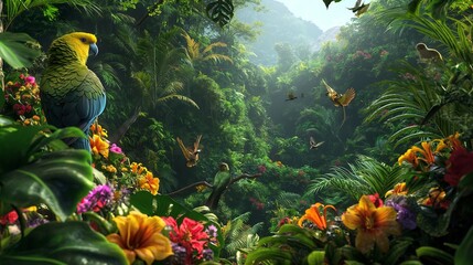 A vibrant scene of a tropical rainforest with exotic birds, colorful flowers, and dense foliage.
