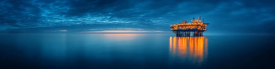 Fototapeta premium A large oil rig is floating in the ocean with a foggy sky in the background