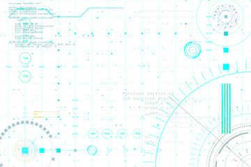 Futuristic HUD interface with blue digital elements, grid layout, and technical code overlay on a white background, concept of virtual tech design. 3D Rendering.