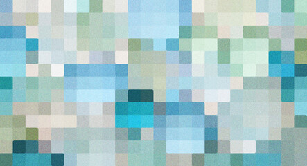 Pixelated abstract artwork of mosaic of rounded pixels in cool blue, green, and white tones, with a grainy grain noise texture,  nostalgia, dynamic, futuristic, digital.