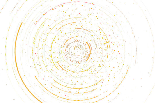 Circular abstract dotted pattern with colorful particles, isolated on a white background, representing a clean and virtual tech concept. 3D Rendering.