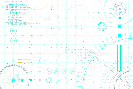 Futuristic HUD interface with blue digital elements, grid layout, and technical code overlay on a white background, concept of virtual tech design. 3D Rendering.