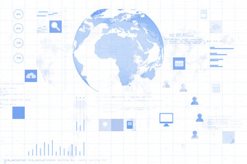Digital representation of a globe with blue data icons, lines, and charts in a futuristic style on a clean transparent white background. 3D Rendering.
