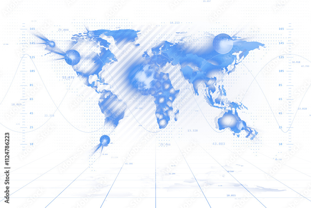Poster Abstract blue world map with holographic elements, glowing data points, and gridlines, creating a futuristic tech design on white background. 3D Rendering.