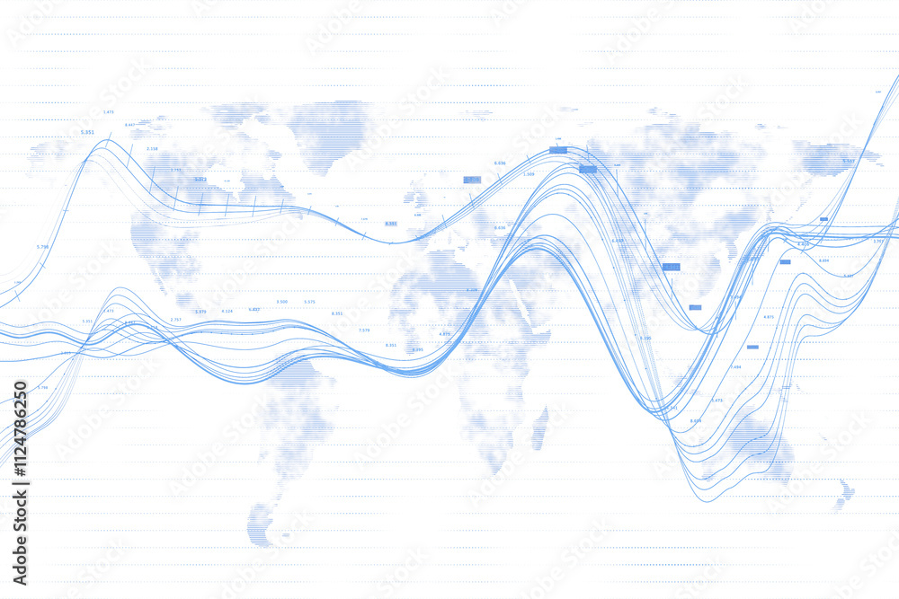 Aufkleber Abstract representation of a global map with wavy blue data analysis lines, clean modern design on a white background, concept of technology. 3D Rendering.