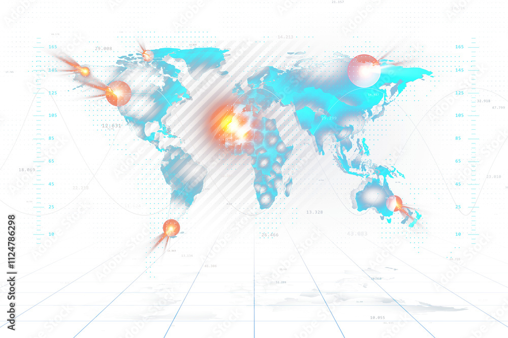 Poster digital world map in blue tones with glowing hotspots, grid layout, and bright white background. con