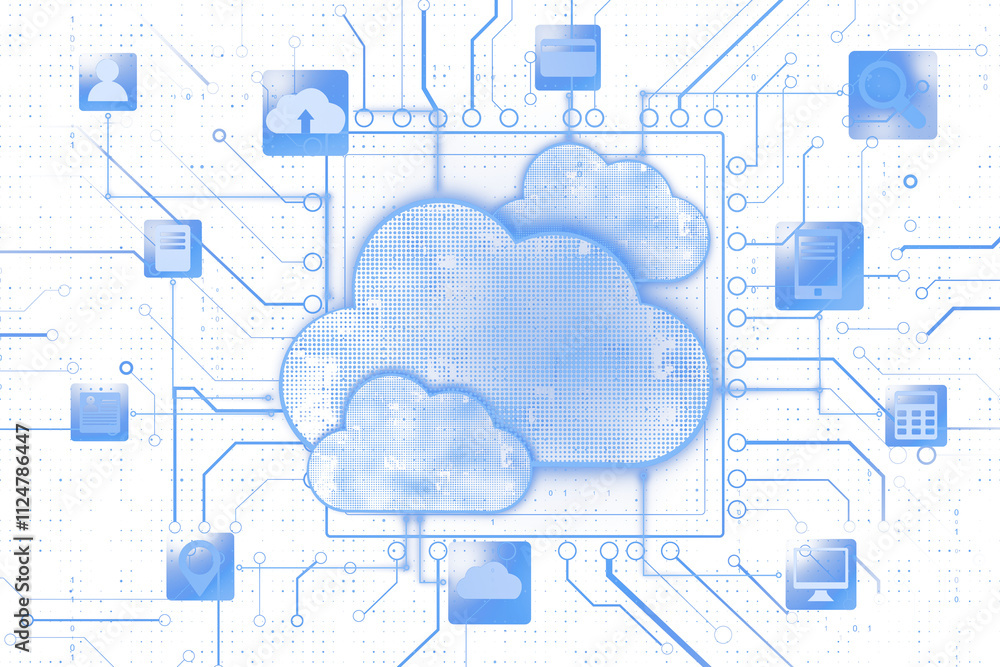 Poster Abstract blue cloud and interconnected icons, holographic virtual style, white background, concept of digital cloud storage and networking. 3D Rendering.