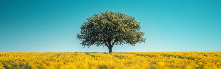 Obraz premium A tree stands in a field of yellow flowers