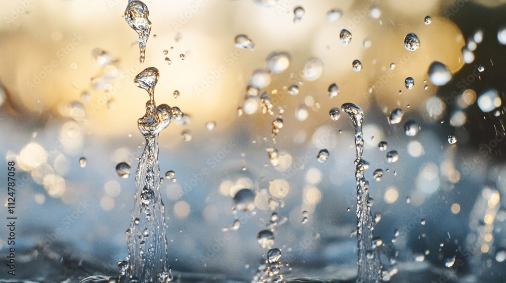 Aufkleber water droplets splashing and forming intricate shapes during golden hour
