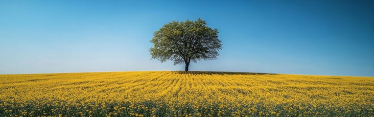 A tree stands in a field of yellow flowers