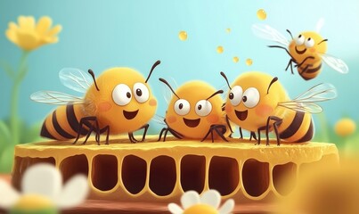 Naklejka premium Cheerful cartoon bees enjoying honeycomb, vibrant flowers in background, playful atmosphere, bright colors