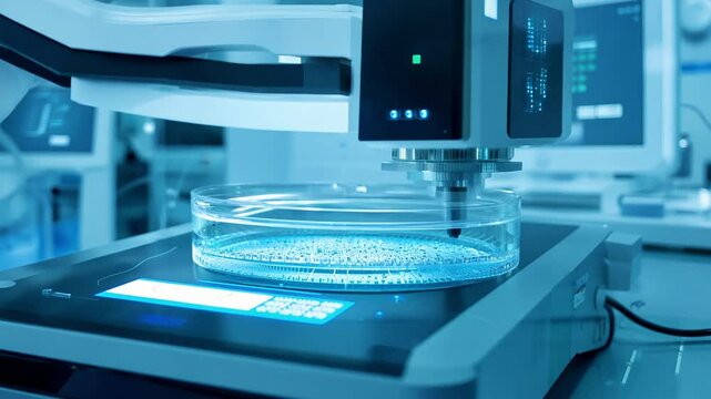 A high-tech laboratory setup featuring a modern microscope analyzing samples in a Petri dish, emphasizing advanced scientific research and technology.