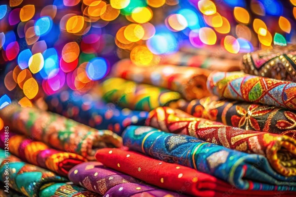 Poster bokeh effect on colorful fabrics: a captivating display of textiles in soft focus with vibrant hues 