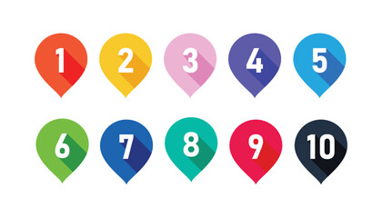 Number set from zero to nine on colorful circle with shadow. colorful circles and numbers. set of 1-9 numbers. numbers symbols with long shadow. number digit vector icon with colorful circle