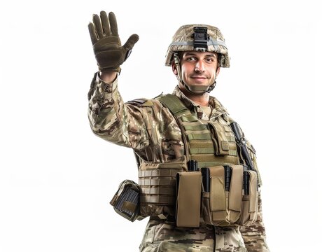 Military soldier in camouflage uniform smiling and waving, posing against a clean white background, representing strength, service, and dedication.