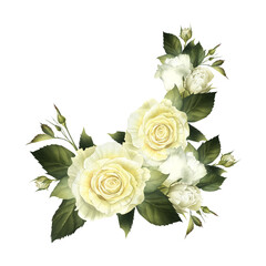 White roses watercolor corner isolated illustration. Bridal bouguet with flowers and buds for wedding inivation. Floral funeral clipart in realistic style for Catolic designs and Save the date cards