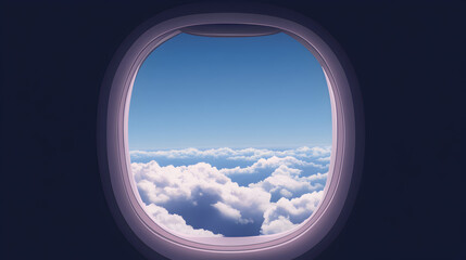 A flat design of an airplane window view showing fluffy clouds and a distant horizon. Airplane window view with clouds.