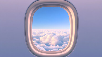 A flat design of an airplane window view showing fluffy clouds and a distant horizon. Airplane window view with clouds.