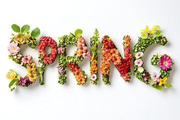 Colorful spring lettering created with flowers and green leaves on a white background