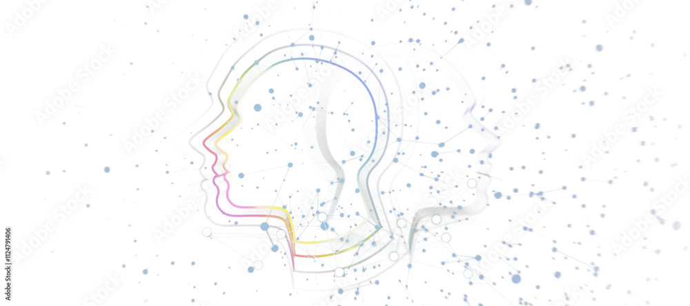 Poster Abstract human profiles with colorful outlines interconnected by blue dots and lines on white background. Concept of artificial intelligence. 3D Rendering.