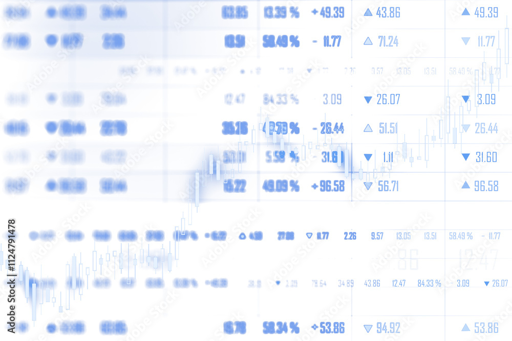 Poster financial data with blue text and candlestick chart in digital style, on a light white background. c