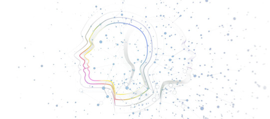 Abstract human profiles with colorful outlines interconnected by blue dots and lines on white background. Concept of artificial intelligence. 3D Rendering.