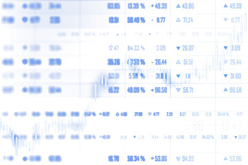 Financial data with blue text and candlestick chart in digital style, on a light white background. Concept of trading, virtual finance. 3D Rendering.