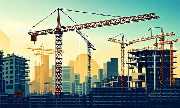 Construction scene with cranes and buildings under development at sunset.