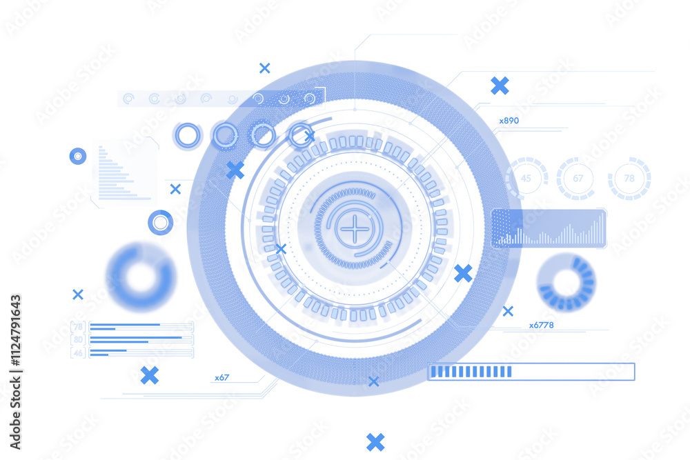 Leinwandbilder Abstract futuristic HUD interface with blue circular and linear design elements, on a white background. Concept of digital technology screen. 3D Rendering.