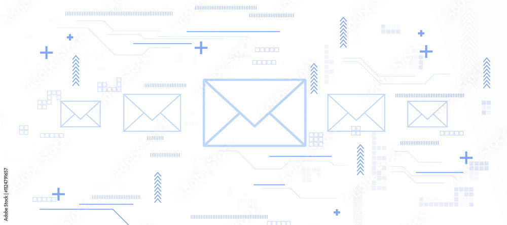 Poster Abstract blue email icons with circuit-style digital elements on a white background, showing a futuristic communication concept. 3D Rendering.