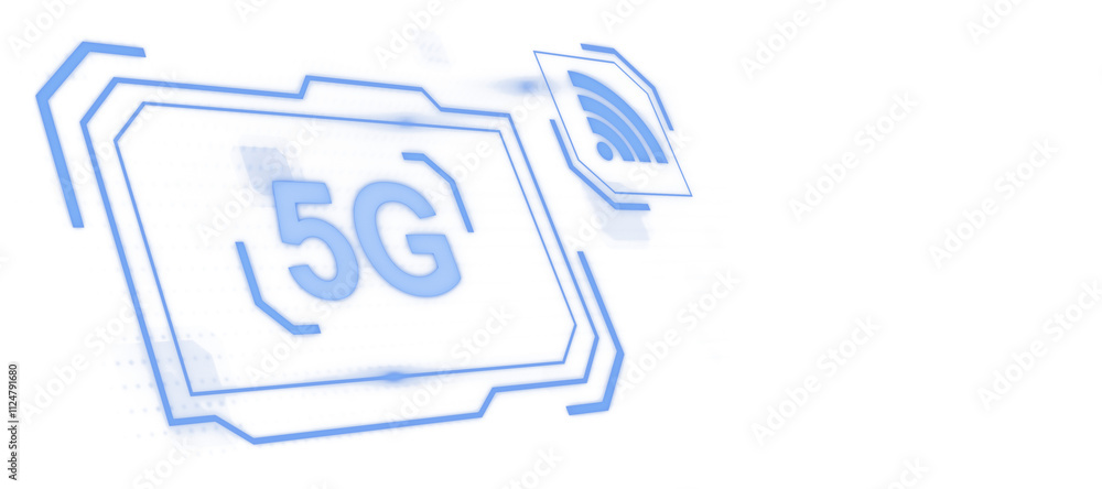 Poster 5G network and Wi-Fi icons in neon-blue digital style, isolated on a clean white background, representing advanced technology concepts. 3D Rendering.