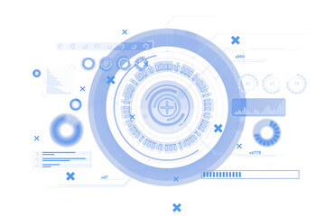 Abstract futuristic HUD interface with blue circular and linear design elements, on a white background. Concept of digital technology screen. 3D Rendering.