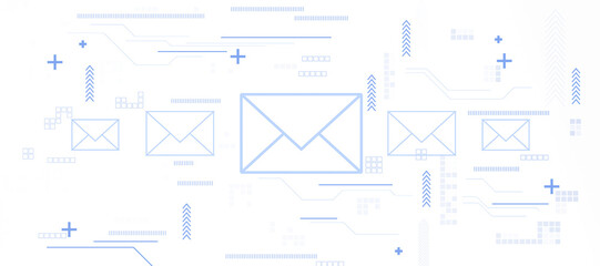 Abstract blue email icons with circuit-style digital elements on a white background, showing a futuristic communication concept. 3D Rendering.