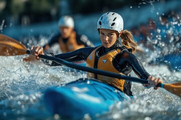 Adventurous kayaking on a river with energetic paddlers in bright gear during the day